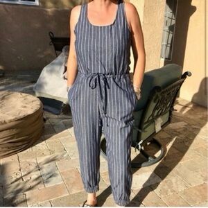 Anthropologie DREW Navy and Ivory Striped Cotton Jogger Jumpsuit Pockets-MED-NWT